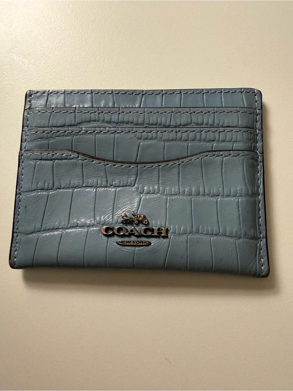 Coach Blue Croc-Embossed Leather Card Case with Logo